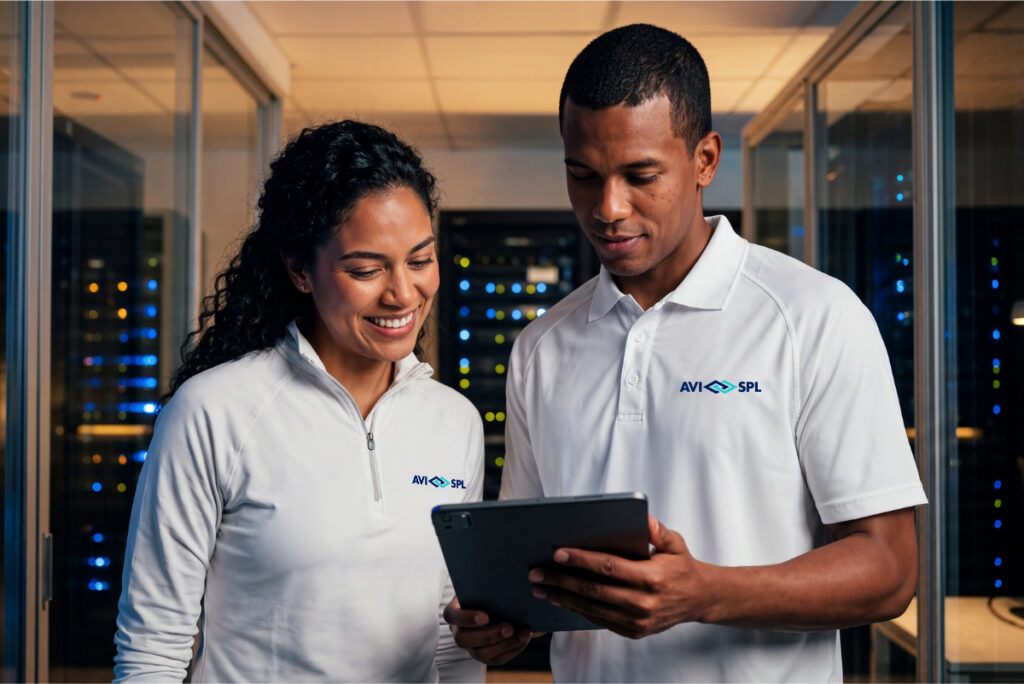 A man and a woman in a server room looking at a tablet.