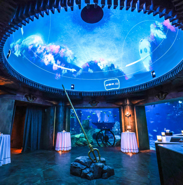 Lost World Aquarium with the aquarium trident at the center of the space.